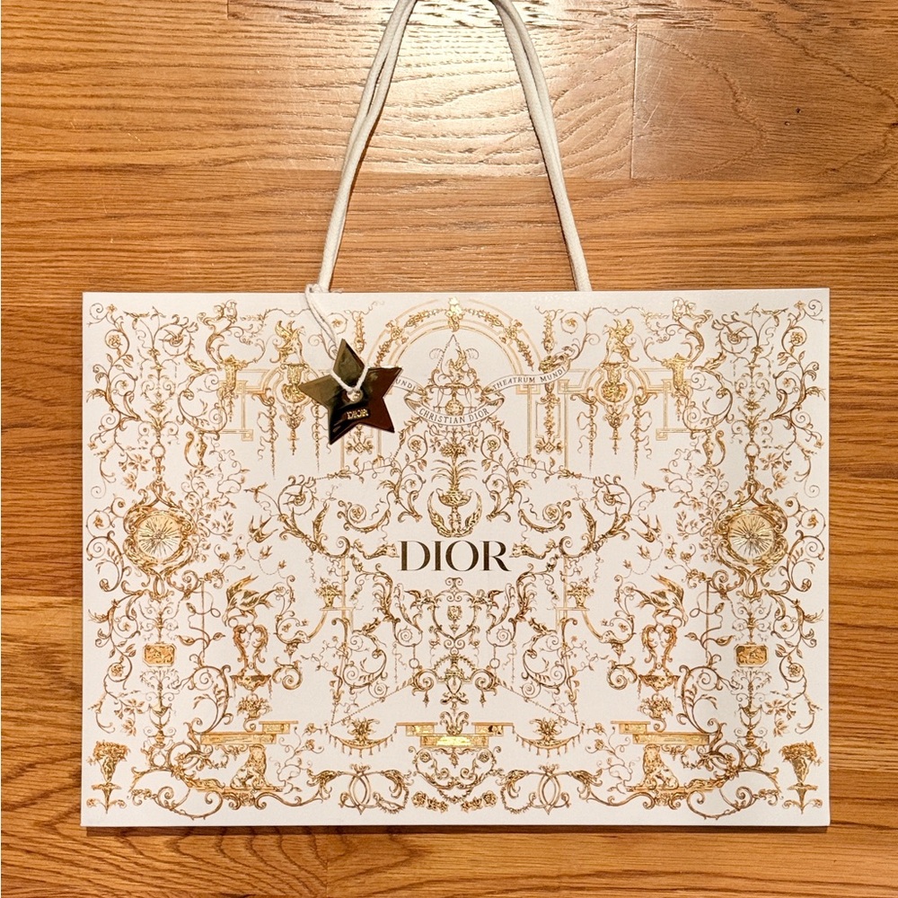 New Dior White and Gold Ornate Gift Bag. Approximately 16.5" × 12" × 4.75"